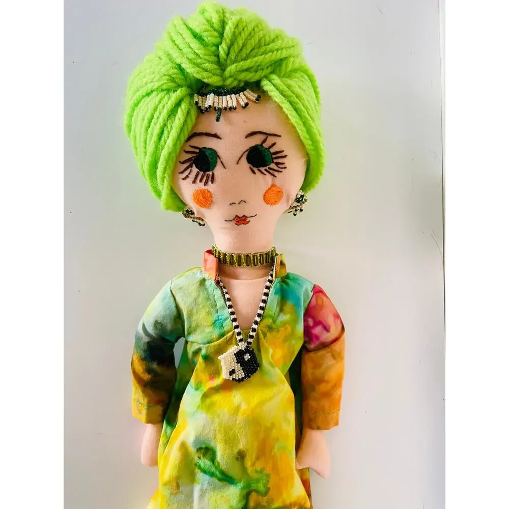 Handmade Boho Folk Art Indian Green Yin Yang Embroidered Yarn Hair Cloth Doll